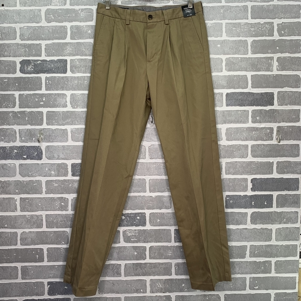 Nordstrom Mens Shop 31×32 Dark Khaki‎ Classic Smartcare Pleated Cotton Pants